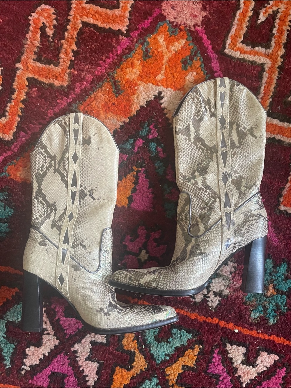 Nike Women's Snake-Print Heeled Western Boots in Cream and Gray